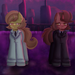 Size: 3000x3000 | Tagged: safe, artist:menalia, imported from derpibooru, oc, oc only, oc:menalia, oc:violencia, pony, unicorn, aesthetics, after rain, bridge, city, clothes, female, gloves, horn, mare, necktie, night, pants, shirt, shoes, suit