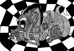 Size: 3484x2405 | Tagged: safe, artist:spacesheep-art, imported from derpibooru, discord, draconequus, black and white, grayscale, looking at you, male, modern art, monochrome, op art, solo, surreal, traditional art