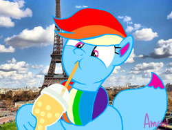 Size: 1280x960 | Tagged: safe, artist:徐詩珮, imported from derpibooru, oc, oc:rainbow eevee, drinking, france, not rainbow dash, paris