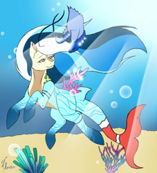 Size: 2575x2833 | Tagged: safe, artist:secretmoonlight, imported from derpibooru, oc, oc only, fish, merpony, blue eyes, bubble, commission, coral, crepuscular rays, fish tail, flowing mane, ocean, seaweed, solo, sunlight, swimming, tail, underwater, water