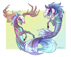 Size: 1280x1032 | Tagged: safe, artist:lionel23, artist:marbola, imported from derpibooru, oc, oc only, deer, original species, seapony (g4), commission, fins, fish tail, flowing tail, helmet, horns, looking at each other, pink eyes, signature, simple background, smiling, tail, underwater