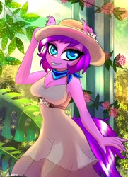 Size: 2000x2760 | Tagged: safe, artist:cali luminos, imported from derpibooru, oc, oc only, oc:daisy, anthro, breasts, cleavage, clothes, cute, dress, equine, female, garden, hat, solo