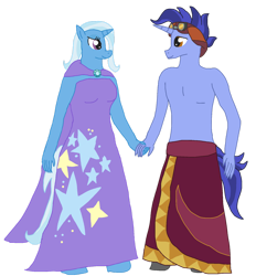 Size: 1280x1377 | Tagged: safe, artist:mlp-headstrong, imported from derpibooru, hoo'far, trixie, anthro, clothes, female, male, partial nudity, shipping, straight, topless, trixfar