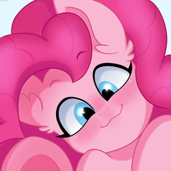 Size: 2500x2500 | Tagged: safe, artist:chickenbrony, artist:cottonaime, imported from derpibooru, pinkie pie, earth pony, pony, :3, blushing, cute, diapinkes, ear fluff, looking at you, smiling, solo, starry eyes, wingding eyes