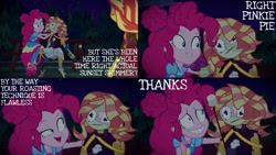 Size: 1280x720 | Tagged: safe, edit, edited screencap, editor:quoterific, imported from derpibooru, screencap, pinkie pie, sunset shimmer, equestria girls, equestria girls series, sunset's backstage pass!, spoiler:eqg series (season 2), actual sunset shimmer, creepy, geode of sugar bombs, gritted teeth, magical geodes, music festival outfit, night, pinkie pie is best facemaker, puppet, shrunken pupils