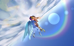 Size: 2048x1282 | Tagged: safe, artist:w33484365, artist:卯卯七, imported from derpibooru, applejack, rainbow dash, human, appledash, earth, female, flying, humanized, lesbian, shipping, winged humanization, wings