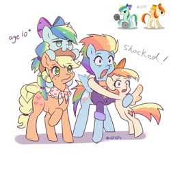 Size: 1024x1024 | Tagged: safe, artist:w33484365, artist:卯卯七, imported from derpibooru, applejack, rainbow dash, oc, earth pony, pegasus, pony, appledash, bow, clothes, earth pony oc, female, granny smith's shawl, hair bow, lesbian, magical lesbian spawn, offspring, older, older applejack, older rainbow dash, on head, open mouth, parent:applejack, parent:rainbow dash, pegasus oc, raised hoof, ribbon, shipping, shocked, side hug, simple background, varying degrees of do not want, white background, wings