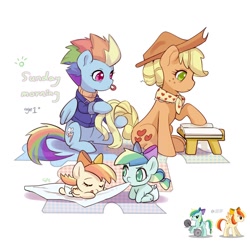 Size: 1024x1024 | Tagged: safe, artist:w33484365, artist:卯卯七, imported from derpibooru, applejack, rainbow dash, oc, earth pony, pegasus, pony, appledash, baby, baby pony, book, bow, braided tail, braiding, clothes, colored pupils, cute, diaper, earth pony oc, female, granny smith's shawl, hair bow, hair tie, lesbian, magical lesbian spawn, mouth hold, ocbetes, offspring, older, older applejack, older rainbow dash, open mouth, parent:applejack, parent:rainbow dash, parents:appledash, pegasus oc, ribbon, shipping, shocked, simple background, white background, wings