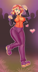 Size: 1963x3681 | Tagged: safe, artist:nauth, imported from derpibooru, sunset shimmer, human, equestria girls, equestria girls series, spoiler:eqg series (season 2), breasts, busty sunset shimmer, clothes, commission, dancing, female, happy, heart, jacket, light skin, music festival outfit, open mouth, party, shoes