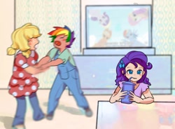 Size: 1154x848 | Tagged: safe, artist:w33484365, artist:卯卯七, imported from derpibooru, applejack, fluttershy, rainbow dash, rarity, human, child, clothes, context in description, cup, cute, detailed background, drinking, episode needed, eyes closed, female, fight, freckles, fresh princess of friendship, hairclip, human coloration, humanized, kids, meme, open mouth, overalls, pigtails, ponified meme, ponified photo, sippy cup, television, younger