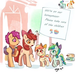 Size: 1024x1024 | Tagged: safe, artist:w33484365, artist:卯卯七, imported from derpibooru, apple bloom, scootaloo, oc, earth pony, pegasus, child care, earth pony oc, female, filly, magical lesbian spawn, mouth hold, offspring, paper, parent:applejack, parent:rainbow dash, parents:appledash, pegasus oc, teenager, wings