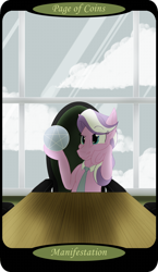 Size: 1500x2591 | Tagged: safe, artist:sixes&sevens, imported from derpibooru, diamond tiara, earth pony, pony, chair, female, minor arcana, necktie, older, older diamond tiara, page of coins, solo, table, tarot card, window