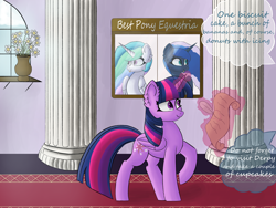 Size: 4000x3000 | Tagged: safe, artist:quartzblog, artist:stargrid, imported from derpibooru, princess celestia, princess luna, twilight sparkle, alicorn, pony, background, carpet, flower, quill, red carpet, scroll, twilight sparkle (alicorn), vase