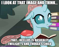 Size: 623x499 | Tagged: safe, edit, edited screencap, imported from derpibooru, screencap, ocellus, pony, school daze, book, bookbug, caption, cute, diaocelles, image macro, smiling, solo, text