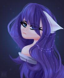 Size: 1329x1620 | Tagged: safe, artist:elektra-gertly, imported from derpibooru, rarity, human, bust, eared humanization, humanized, looking at you, looking back, looking back at you, solo, spoilers for another series