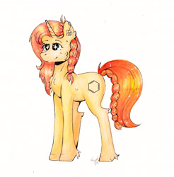 Size: 4256x4319 | Tagged: safe, artist:lightisanasshole, imported from derpibooru, oc, oc only, oc:pineapple blossom, pony, unicorn, benzene, blue eyes, braid, braided tail, ear piercing, earring, female, hexagon, jewelry, orange mane, piercing, solo, solo female, traditional art, watercolor painting