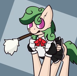 Size: 1138x1110 | Tagged: safe, artist:silverstararts, imported from derpibooru, oc, oc only, oc:evergreen, pegasus, pony, clothes, crossdressing, duster, french maid, looking at you, maid, mouth hold, solo