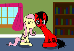 Size: 1280x884 | Tagged: safe, artist:platinumdrop, imported from derpibooru, fluttershy, oc, oc:penn rail, blushing, canon x oc, cheek kiss, female, kiss on the cheek, kissing, male, request, shipping, straight