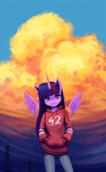 Size: 1500x2422 | Tagged: safe, artist:mrscroup, imported from derpibooru, imported from ponybooru, twilight sparkle, alicorn, anthro, 42, clothes, cloud, cute, dawn, female, floating wings, hoodie, looking at you, mare, pants, pylon, sky, smiling, solo, tree, twiabetes, twilight sparkle (alicorn), wings