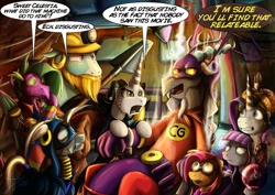 Size: 1250x884 | Tagged: safe, artist:jamescorck, imported from derpibooru, babs seed, discord, maud pie, rarity, rockhoof, spike, zecora, oc, oc:movie slate, dragon, pony, bowling ball, captain goodguy, mystery men, older, older spike, winged spike, wings