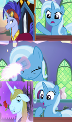 Size: 640x1080 | Tagged: safe, edit, imported from derpibooru, screencap, hoo'far, prince blueblood, trixie, pony, saddle arabian, unicorn, all bottled up, road to friendship, the best night ever, anti-shipping, bluetrix, cropped, exploitable meme, female, flower, magic, male, mare, meme, rose, shipping, stallion, straight, trixfar, trixie fixing meme