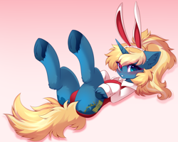 Size: 5292x4227 | Tagged: safe, artist:airiniblock, imported from derpibooru, oc, oc only, oc:maple parapet, pony, unicorn, blushing, bunny suit, clothes, ear fluff, female, freckles, horn, mare, rcf community, solo, underhoof, unicorn oc