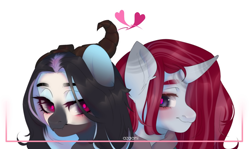 Size: 1280x761 | Tagged: safe, artist:azaani, imported from derpibooru, oc, oc only, hybrid, original species, pony, unicorn, chibi, clothes, couple, cute, dragon horns, female, heart, horn, lesbian, looking at each other, love, mare, simple background, white background