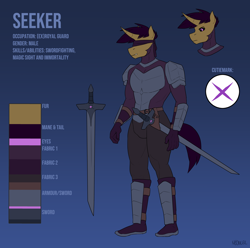 Size: 4798x4753 | Tagged: safe, artist:neoncel, imported from derpibooru, oc, oc only, oc:seeker, anthro, unicorn, anthro oc, blindfold, reference sheet, solo, sword, weapon