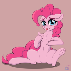Size: 1500x1500 | Tagged: safe, artist:naen, imported from derpibooru, pinkie pie, earth pony, pony, chest fluff, cute, diapinkes, female, frog (hoof), simple background, simple shading, sitting, solo, tongue out, underhoof