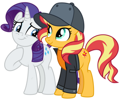Size: 1024x848 | Tagged: safe, artist:emeraldblast63, imported from derpibooru, rarity, sunset shimmer, display of affection, equestria girls, equestria girls series, blue eyes, cap, cute, duo, duo female, female, flanksy, friends, girly girl, happy, hat, multicolored mane, multicolored tail, purple mane, purple tail, shimmerbetes, simple background, smiling, tomboy, transparent background, turquoise eyes, visor cap, white fur, yellow fur