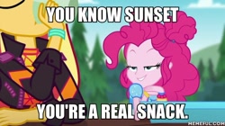 Size: 600x337 | Tagged: safe, edit, edited screencap, imported from derpibooru, screencap, pinkie pie, sunset shimmer, equestria girls, equestria girls series, wake up!, spoiler:eqg series (season 2), bedroom eyes, caption, female, image macro, lesbian, shipping, sunsetpie, text, wake up!: pinkie pie