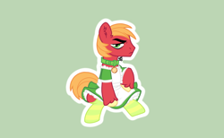 Size: 1294x795 | Tagged: safe, artist:tooadorablebean, imported from derpibooru, big macintosh, earth pony, pony, annoyed, apron, clothes, collar, commission, crossdressing, dress, green background, maid, male, simple background, sitting, socks, solo, stallion, striped socks, unamused, unshorn fetlocks, ych result