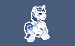 Size: 1294x795 | Tagged: safe, artist:tooadorablebean, imported from derpibooru, shining armor, pony, unicorn, annoyed, apron, blue background, clothes, collar, commission, crossdressing, dress, maid, male, simple background, sitting, socks, solo, stallion, striped socks, unamused, unshorn fetlocks, ych result
