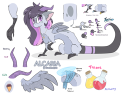 Size: 4600x3500 | Tagged: safe, artist:fluffyxai, imported from derpibooru, oc, oc only, oc:alcaria, draconequus, draconequus oc, folded wings, horns, information, looking at you, open mouth, prehensile tail, reference sheet, solo, spread wings, tail, text, wings