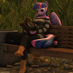 Size: 2160x2160 | Tagged: safe, artist:arcanetesla, imported from derpibooru, twilight sparkle, alicorn, anthro, 3d, alice in wonderland, autumn, bench, bookworm, boots, breasts, busty twilight sparkle, crossed legs, cute, evening, forest, reading, sfm pony, shoes, smiling, soda, solo, source filmmaker, twilight sparkle (alicorn), uggs