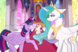 Size: 1280x854 | Tagged: safe, artist:primrosepaper, imported from derpibooru, princess celestia, twilight sparkle, oc, alicorn, pony, cutie mark, female, foal, holding a pony, horn, jewelry, magical lesbian spawn, mouth hold, multiple parents, next generation, offspring, parent:applejack, parent:fluttershy, parent:pinkie pie, parent:rainbow dash, parent:rarity, parent:twilight sparkle, parents:omniship, raised hoof, regalia, scruff, smiling, stained glass, throne room, twilight sparkle (alicorn), what has magic done, wings