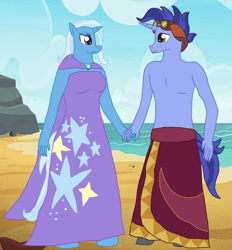 Size: 1280x1377 | Tagged: safe, alternate version, artist:mlp-headstrong, edit, imported from derpibooru, hoo'far, trixie, anthro, beach, cape, clothes, female, male, partial nudity, shipping, straight, topless, trixfar, trixie's cape
