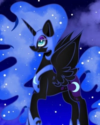 Size: 1080x1350 | Tagged: safe, alternate version, artist:tessa_key_, imported from derpibooru, nightmare moon, alicorn, pony, colored, ethereal mane, female, helmet, hoof shoes, horn, mare, night, peytral, smiling, solo, starry mane, stars, wings