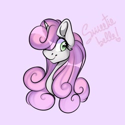 Size: 1080x1080 | Tagged: safe, alternate version, artist:tessa_key_, imported from derpibooru, sweetie belle, pony, unicorn, bust, colored, cute, diasweetes, eyelashes, female, filly, horn, mare, simple background, smiling, solo
