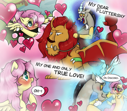 Size: 2000x1740 | Tagged: safe, artist:fluffleart, imported from derpibooru, discord, fluttershy, draconequus, manticore, pegasus, pony, blushing, comic, discoshy, dream, female, heart, male, mare, shipping, straight
