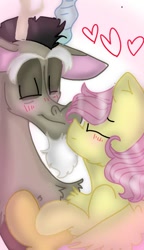 Size: 540x938 | Tagged: safe, artist:cocolove2176, imported from derpibooru, discord, fluttershy, draconequus, pegasus, pony, blushing, bust, discoshy, eyes closed, female, heart, hug, male, mare, shipping, simple background, smiling, straight, white background