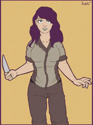 Size: 4961x6636 | Tagged: safe, artist:avery-valentine, imported from derpibooru, oc, oc only, human, female, humanized, humanized oc, kitchen knife, knife, looking at you, purple hair, solo