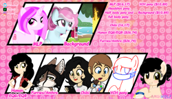 Size: 2828x1632 | Tagged: safe, artist:amgiwolf, imported from derpibooru, oc, oc:amgi, oc:applewolf, oc:pinky rose, earth pony, human, pony, unicorn, wolf, advertisement, bust, commission info, earth pony oc, face mask, female, grin, horn, humanized, male, mare, mask, smiling, species swap, unicorn oc