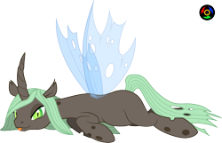 Size: 4196x2698 | Tagged: safe, artist:kyoshyu, imported from derpibooru, oc, oc only, oc:ember (bladespark), changeling, high res, lying down, pregnant, prone, simple background, solo, tongue out, transparent background