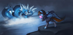 Size: 1280x616 | Tagged: safe, artist:hagalazka, imported from derpibooru, oc, oc only, oc:pegasusgamer, anthro, dragon, hydra, pegasus, cape, clothes, multiple heads, water, wings