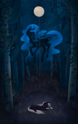 Size: 1135x1800 | Tagged: safe, artist:ponyshot, imported from ponybooru, princess luna, oc, alicorn, unicorn, curled up, dark, female, flying, forest, missing accessory, moon, night, sleeping, spread wings, wings