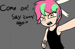 Size: 1154x750 | Tagged: safe, artist:permpony, imported from ponybooru, oc, oc only, oc:susie supreme, human, angry, bow, clothes, dialogue, freckles, gray background, gun, hair bow, humanized, humanized oc, looking at you, simple background, solo, tanktop, vulgar, weapon