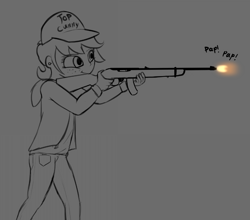 Size: 998x879 | Tagged: safe, artist:permpony, imported from ponybooru, oc, oc only, oc:susie supreme, human, clothes, freckles, gray background, grayscale, gun, hat, hoodie, humanized, humanized oc, monochrome, onomatopoeia, pants, shirt, simple background, solo, top cunt, vulgar, weapon