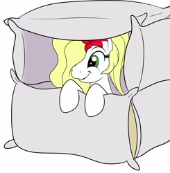 Size: 3705x3786 | Tagged: safe, artist:trash anon, imported from ponybooru, oc, oc only, oc:epithumia, earth pony, pony, blonde, blonde mane, female, flower, flower in hair, green eyes, hair over one eye, mare, pillow, pillow fort, pun, simple background, smiling, solo, visual pun, white background