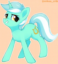 Size: 834x912 | Tagged: safe, artist:mikes_crib, artist:mikesartcrib, imported from derpibooru, lyra heartstrings, pony, unicorn, abstract background, female, grin, looking at you, mare, smiling, solo